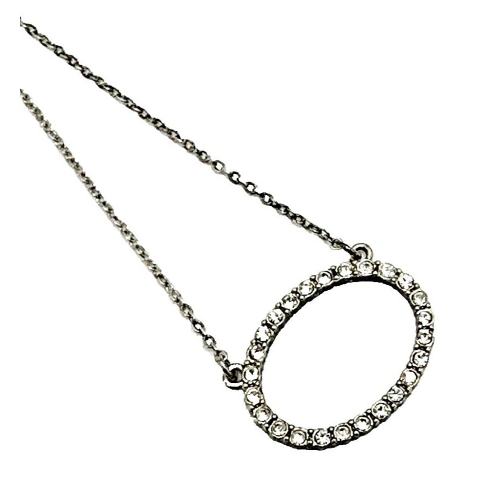Vintage Vida Jewelry Rhinestone Pendant Necklace Silver Tone Oval Minimalist 18”